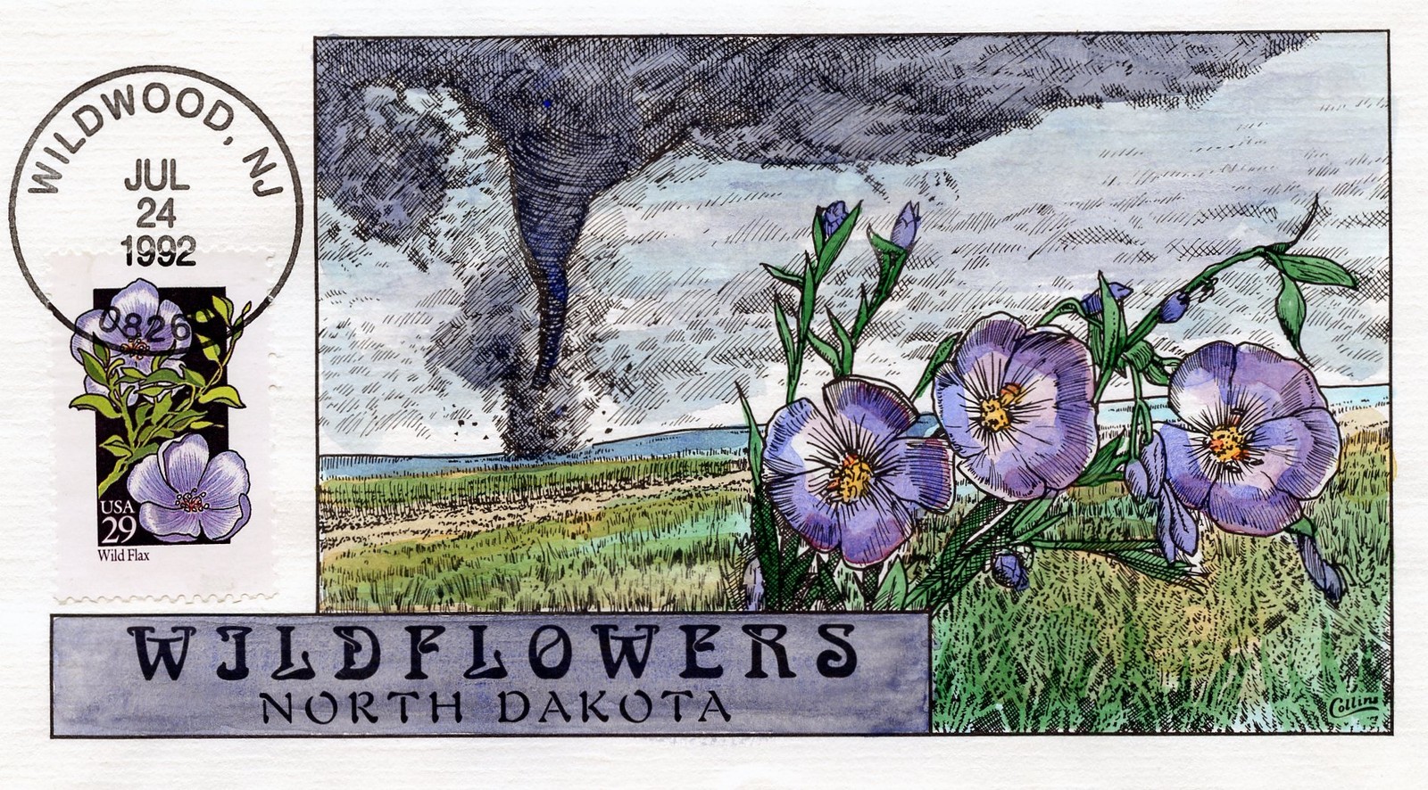 WWLF COLLINS FDC HAND PAINTED  STATE WILDFLOWERS  2696  NORTH DAKOTA