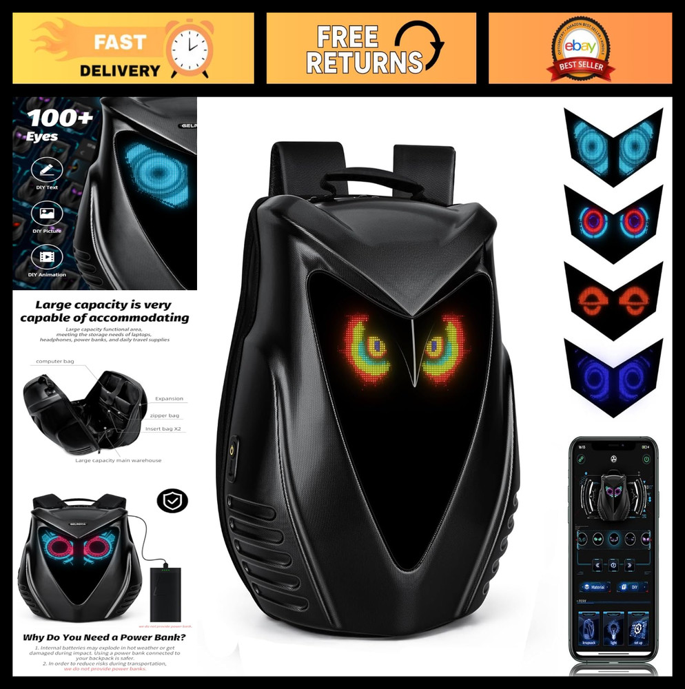 Expandable 22L LED Motorcycle Backpack with Hardshell, APP-Controlled Owl Eyes,