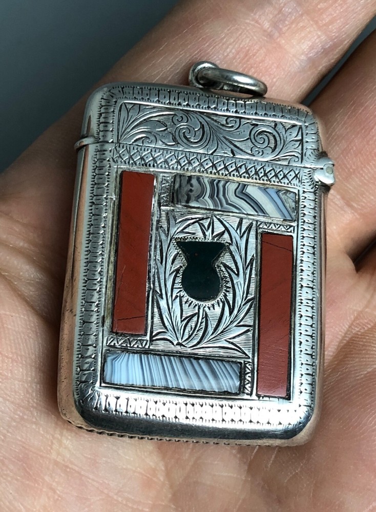 Antique Scottish Solid Silver & Agate Vesta Case Birmingham 1918 HFZX