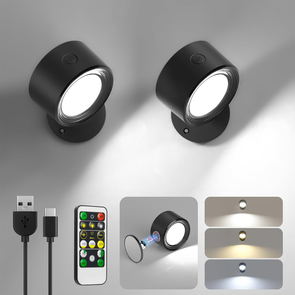 LED Wall Mounted Lights 2 Pcs with Remote, Sconces Lamp 3000Mah Rechargeable ...