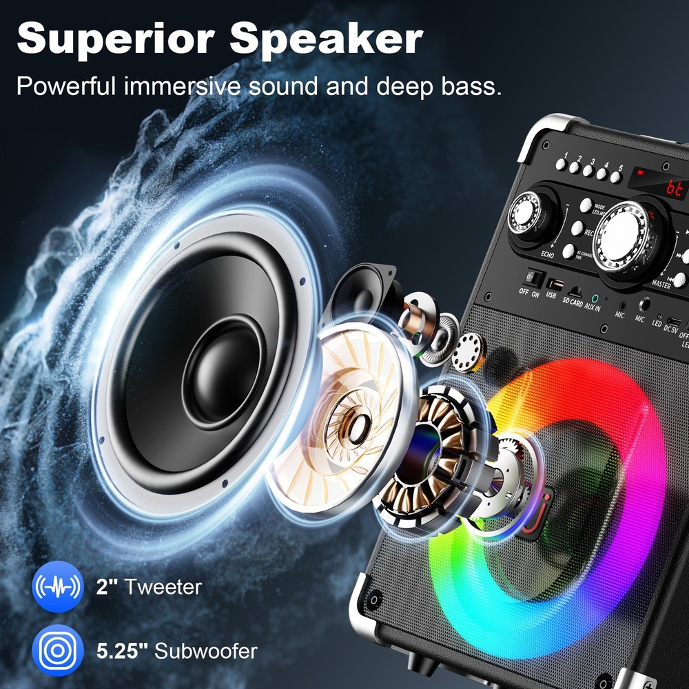Karaoke Machine with 3 Wireless Mics,Bluetooth Speaker,RGB Light,Digital Display
