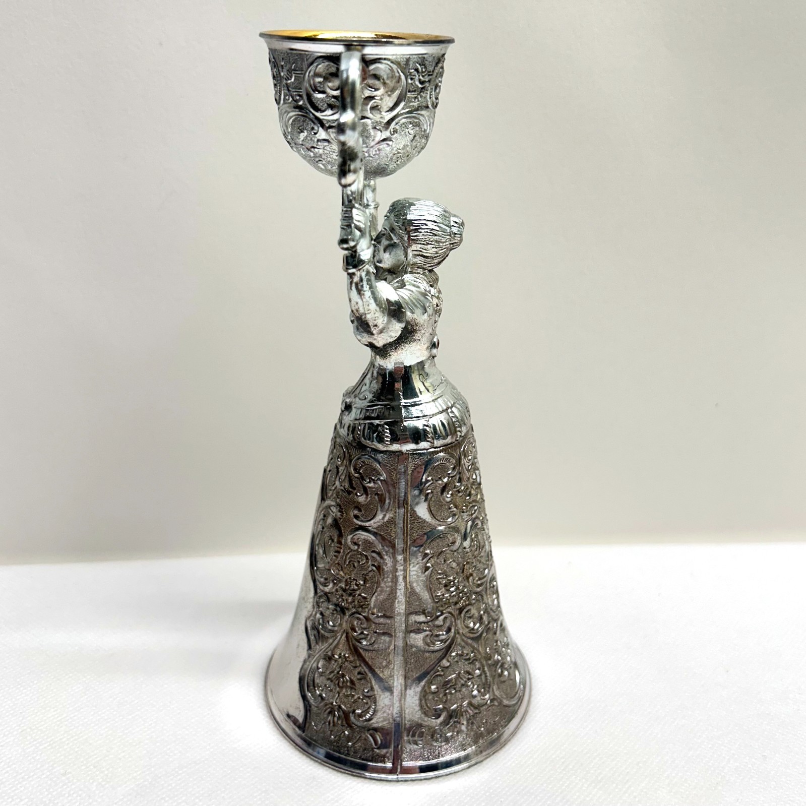 VTG Traditional Antiqued Silver Plated Wedding Cup German Chalice Lady Pink Gem