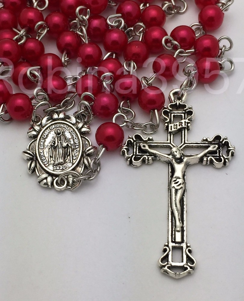 Miraculous Center Traditional Crucifix Red Pearl Catholic Rosary Beads