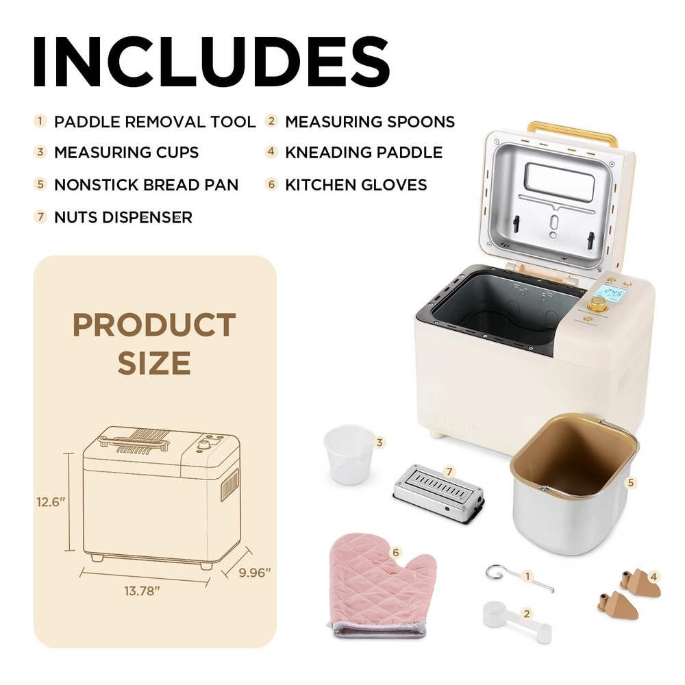 Bread Machine, 2.2LB 15-in-1 Bread Maker, Dual Heater Breadmaker Machine with...