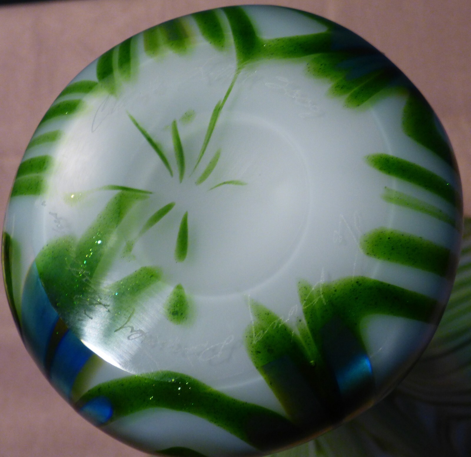 Charles Lotton Aventurine Art Glass Vase 2009 White/Green Pulled Feather 12 1/4"