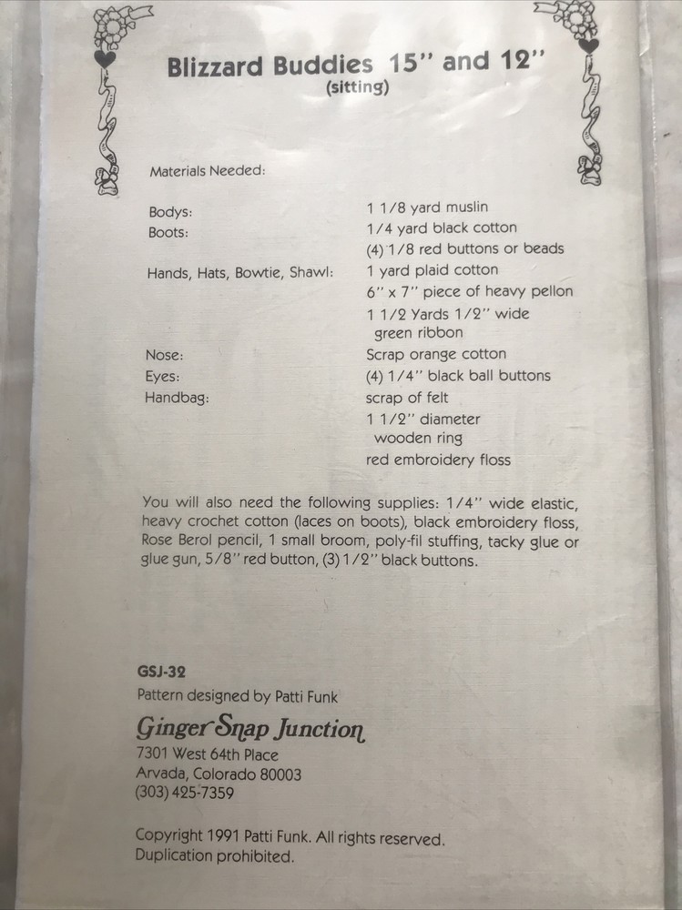 Ginger Snap Junction Blizzard Buddies Snowman Craft Sewing Pattern GSJ-32