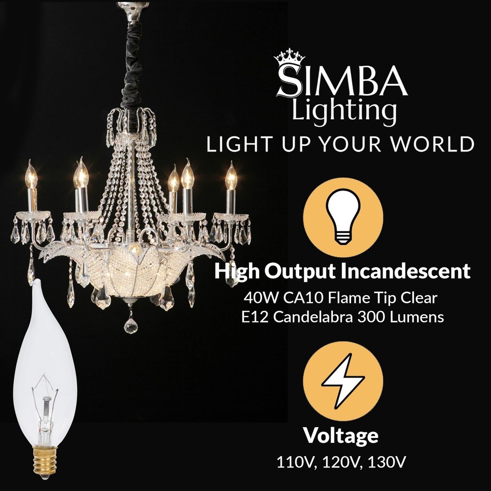 Simba Lighting Candelabra Flame Tip Clear CA10 40W E12 Base (12 Pack) Decorat...
