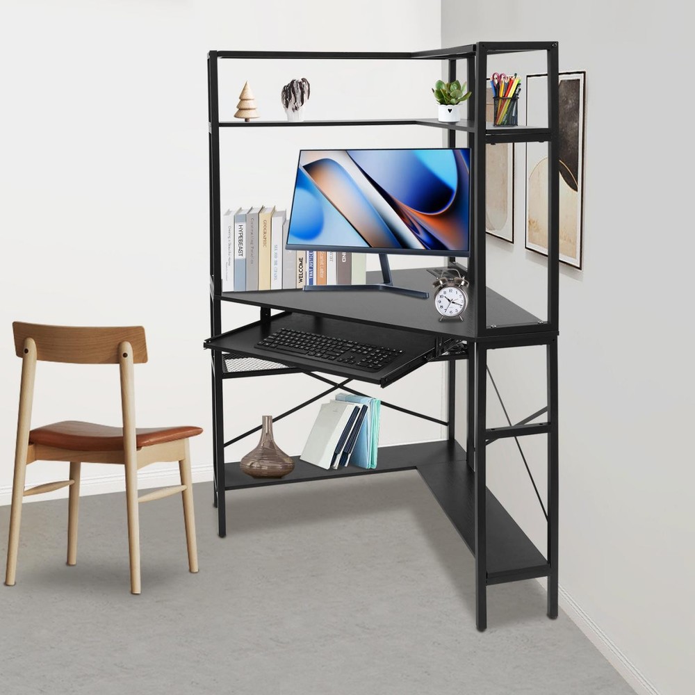 Black Corner Desk, Corner Computer Desk with Power Outlets, Home Computer Desk.