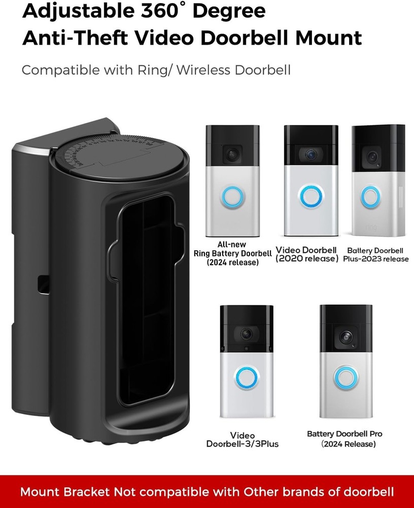 Adjustable 360° Degree Doorbell Angle Mount Compatible with Black