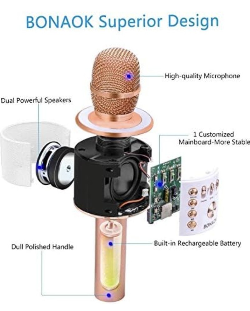 NEW BONAOK Bluetooth Karaoke Wireless Microphone Rose Gold Speaker Machine