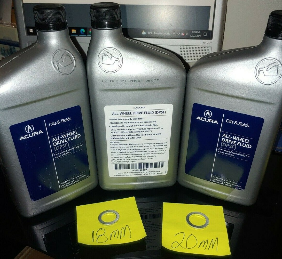 3 QTS ACURA GENUINE OEM AWD FLUID DPSF w/ WASHERS 08200-9007A MDX RDX TL