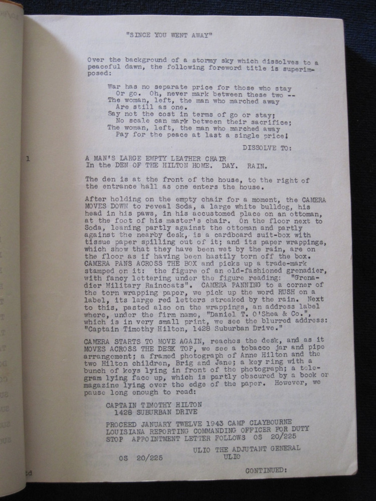 ORIGINAL UNFINISHED WORKING SCRIPT 'SINCE YOU WENT AWAY' by JEFFREY DANIEL