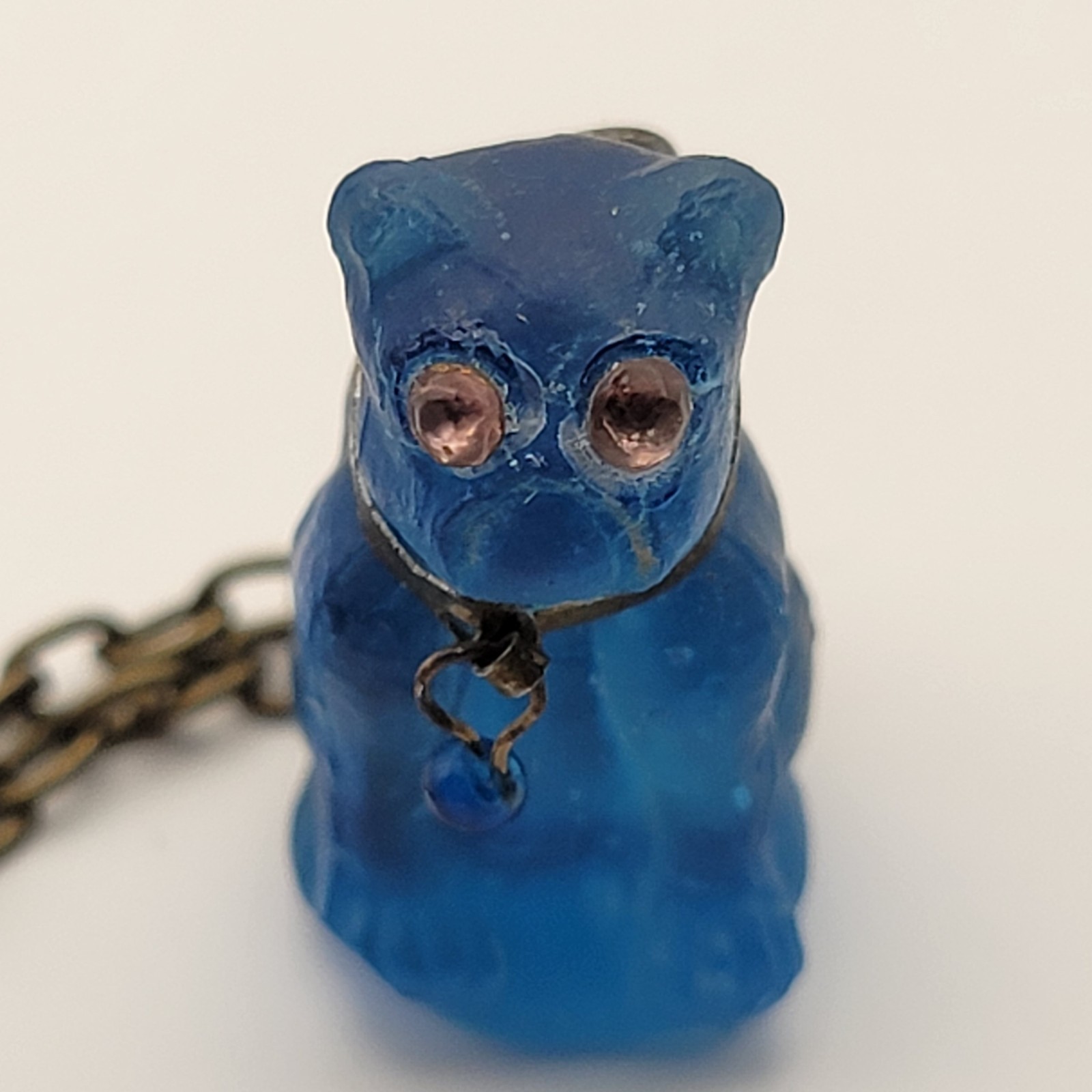 Antique Blue Glass Czech Cracker Jack Prize Bulldog With Chain