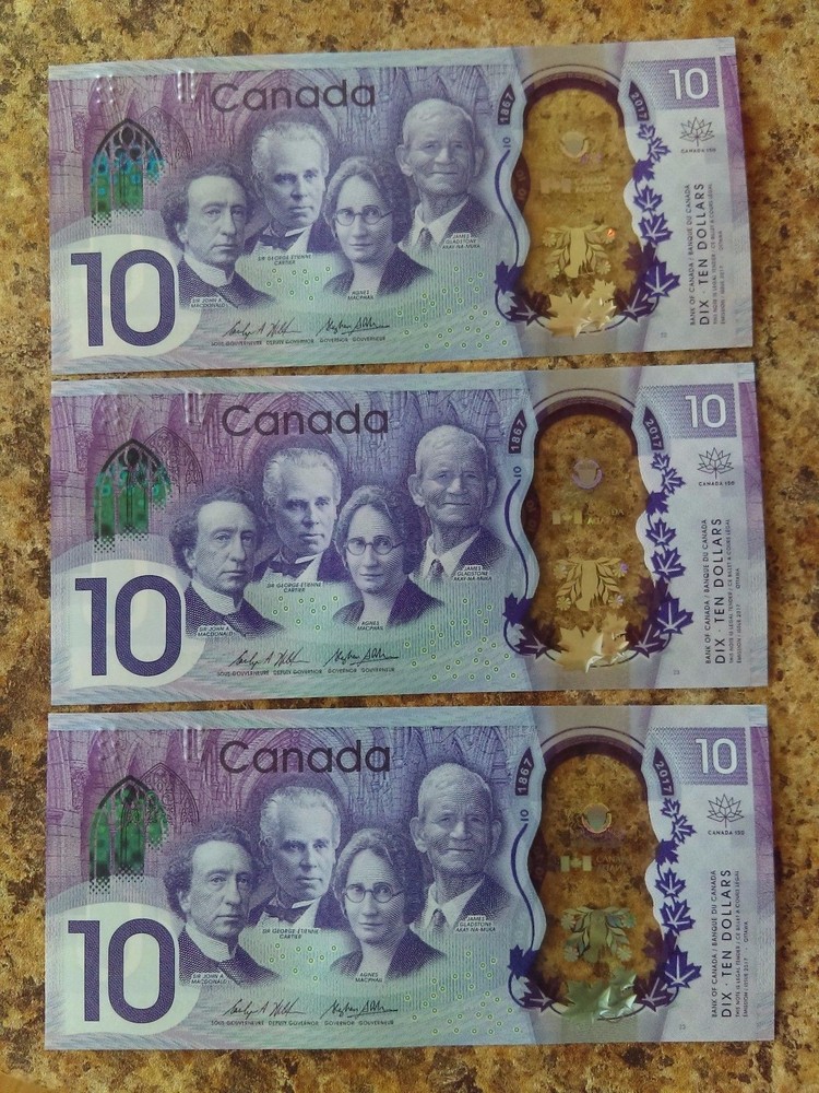 Three Sequential 2017 Canada's 150th Anniversary $10 Banknotes UNC