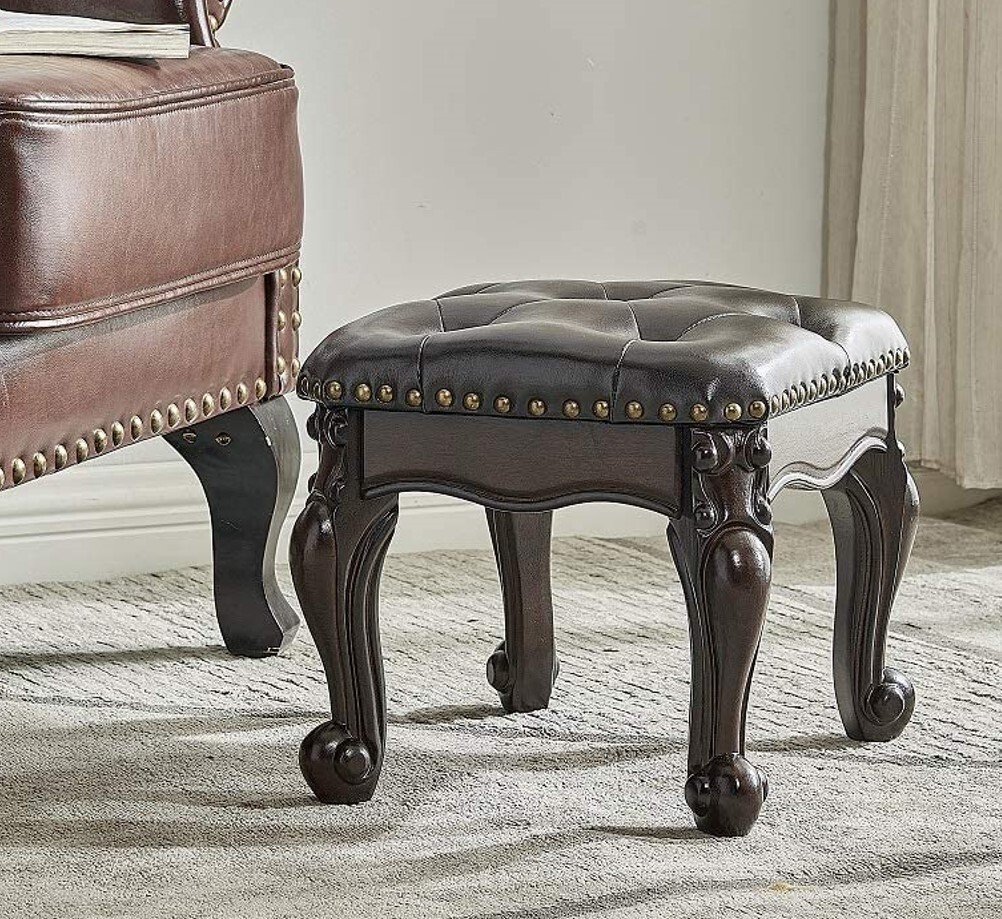 Vintage Style Foot Sofa Stool Leather Ottoman with Hand Carved Legs Gift for Her