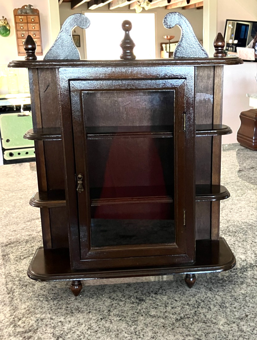 Vtg Display Curio Case Wall Mount/Free Stand Glass Door MCM 1960-70 Dark Walnut