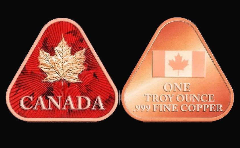 2024 Triangular Canada Maple Leaf 1 oz Colorized Copper bars