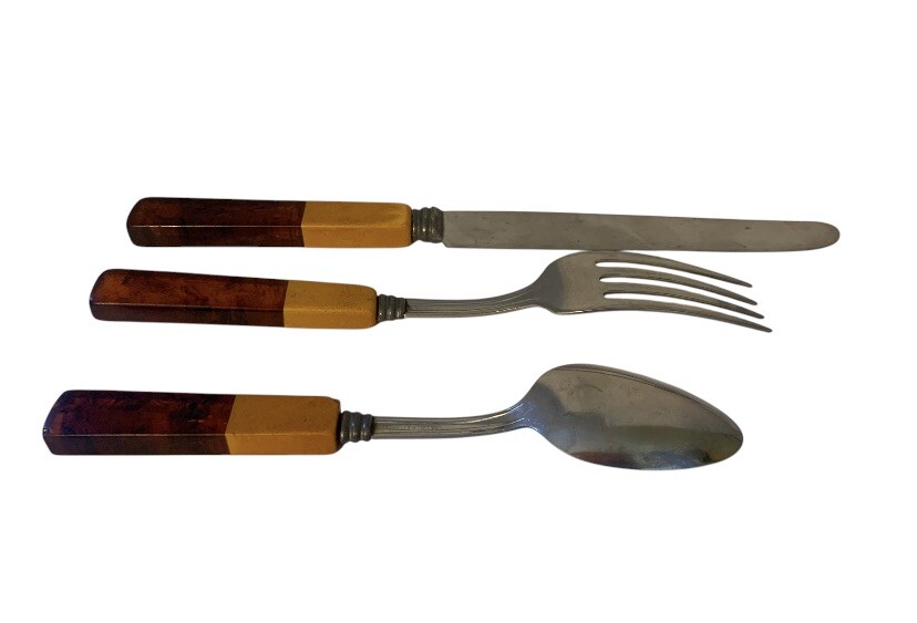Vintage Butterscotch Bakelite Two Tone Tortoise Silverware 3pc Fork Knife Spoon
