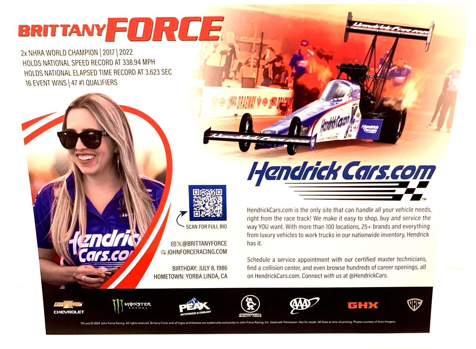 2024 JOHN FORCE RACING BRITTANY FORCE HENDRICKCARS.COM NHRA TOP FUEL POSTCARD