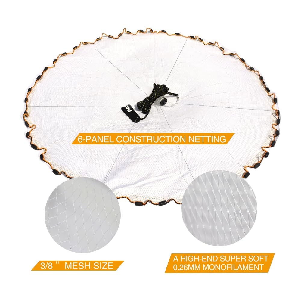 Pancake Cast Net, 6ft Radius with 3/8 inch Mesh, Protective Shell Iron 1.0LB ...