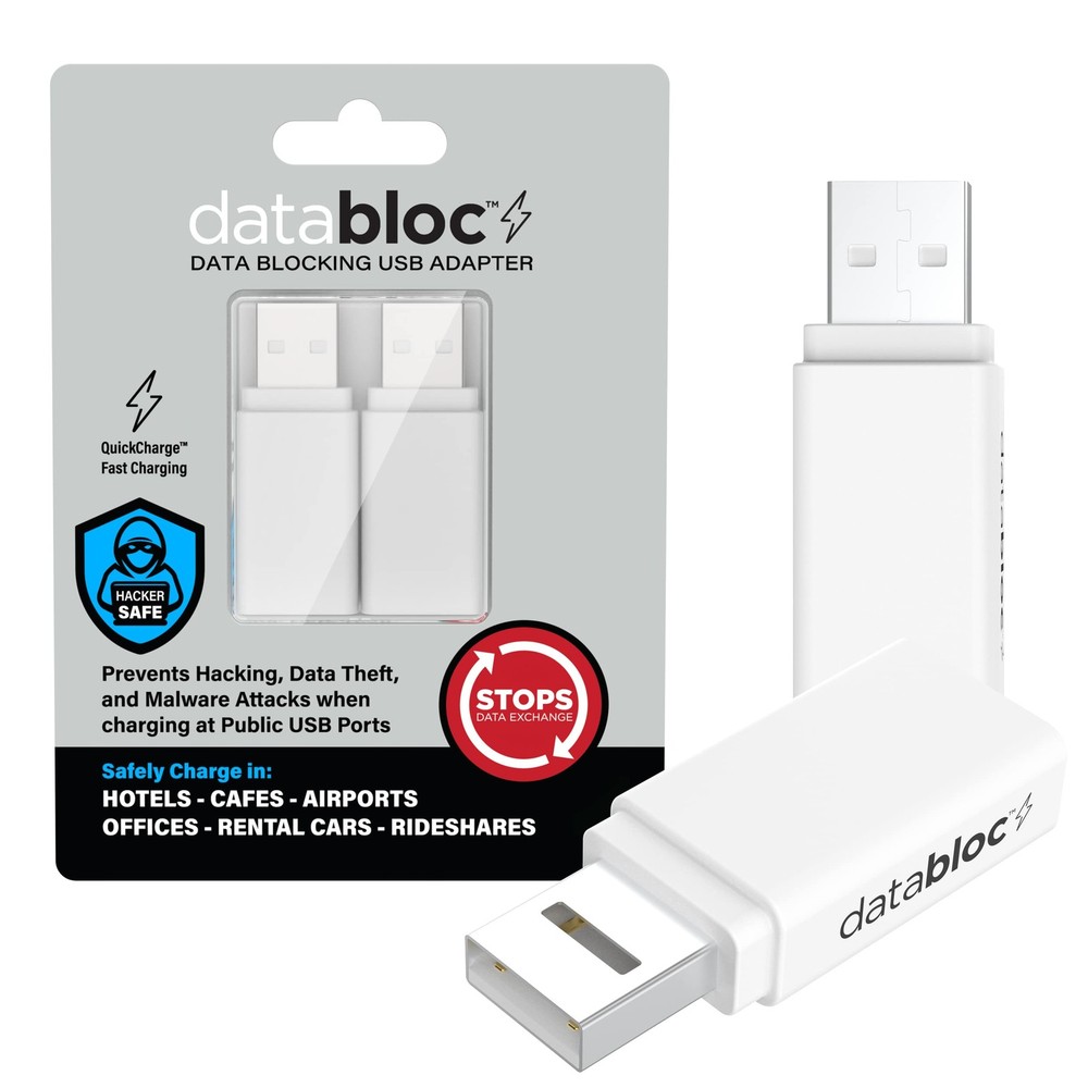 Eyebloc USB A Data Blocker Adapter - Secure Charging to Prevent 2 Pack, White