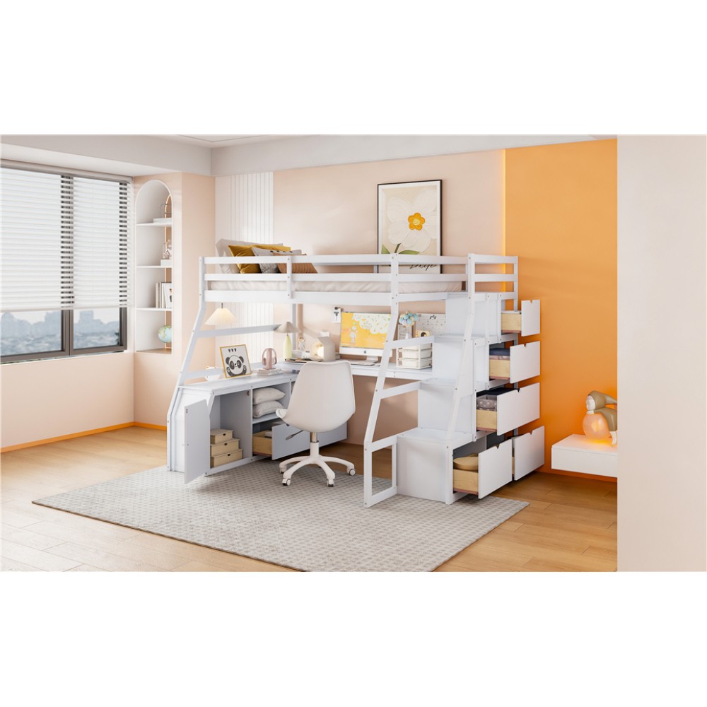 Full Loft Bed w/ Desk & Storage - White - Sturdy Pine Frame