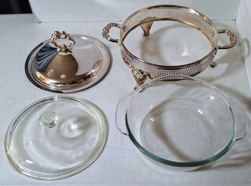 Vintage 4-Piece "Italy EPZ Silverplated" Serving Footed Dish, Glass Bowl Insert