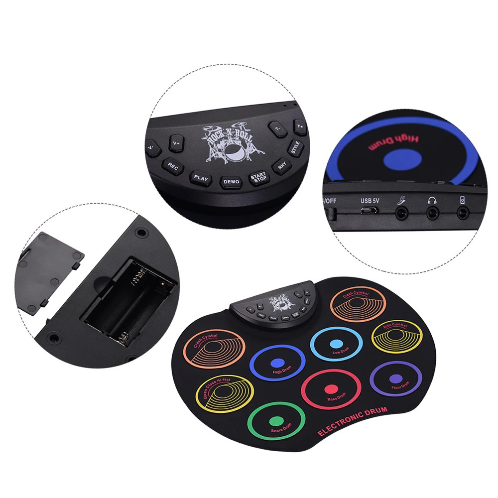 New Roll-Up Drum Set Electronic Drum Kit 9Silicon Drum Pads USB/Battery Powered