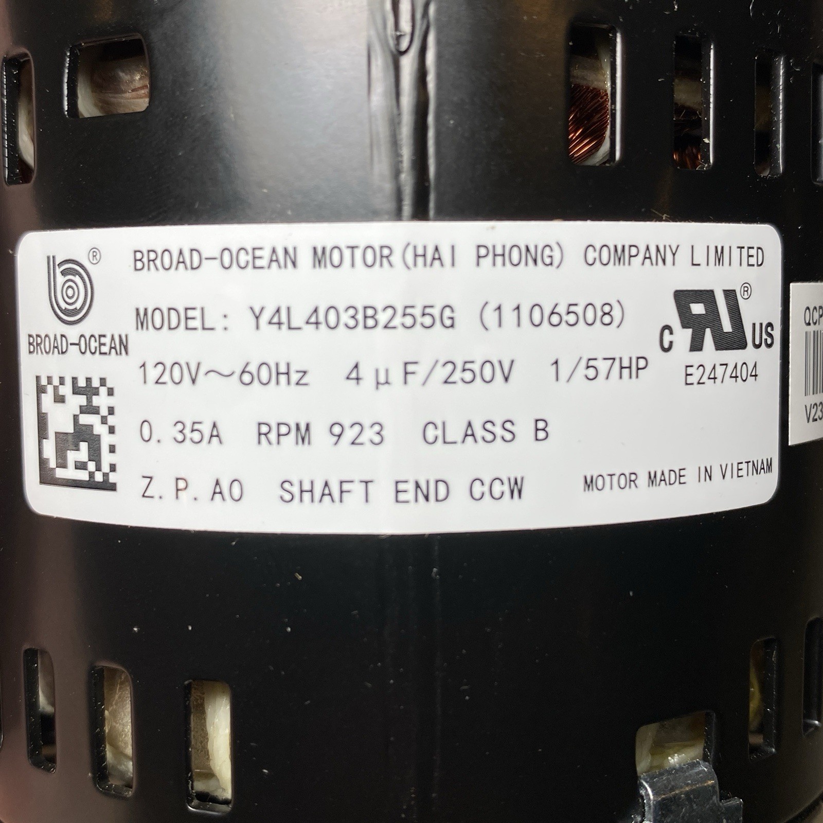 Broan Nutone 1106508 L250 Ventilator Motor, DAMAGED SEE DESCRIPTION, New, Tested