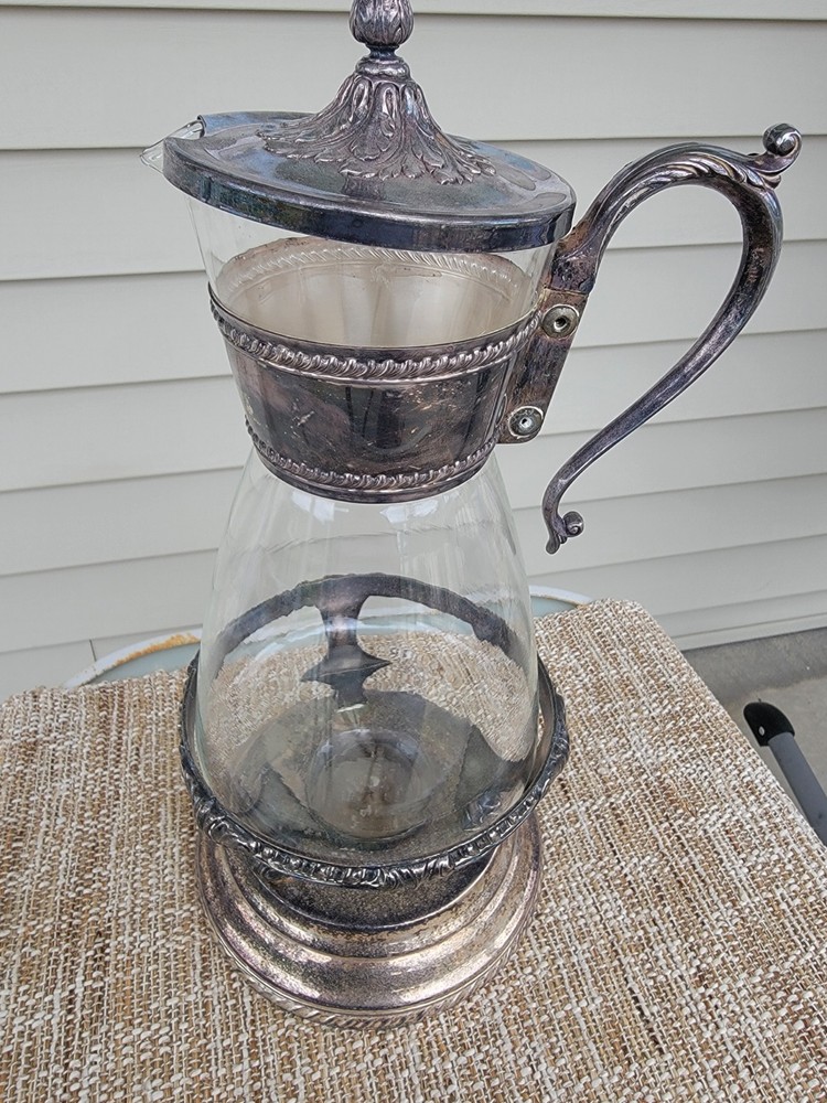 Victorian Antique Silverplate Glass Pitcher Ornate Design 1850-1899