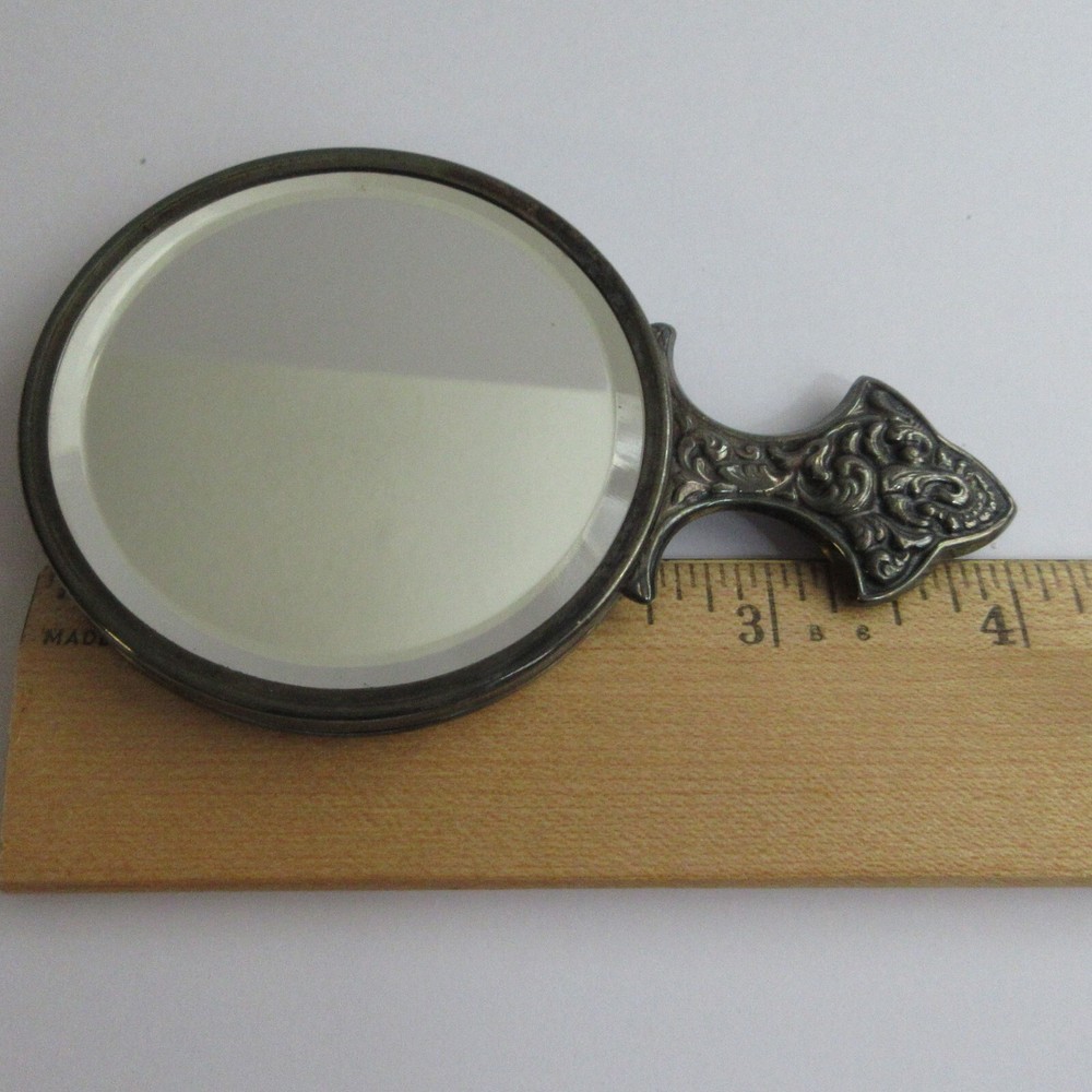 Victorian Ladies Pocketbook Purse Silver Hand Mirror with Black Satin Cover