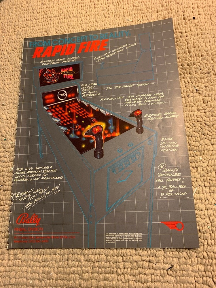 11- 8.5''  Rapid Fire Bally Pinball arcade game AD FLYER