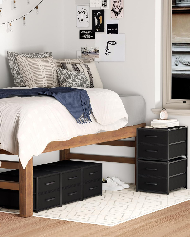 Stackable Storage Drawers - 2 Pack Closet Organizer with Metal Handles, Black