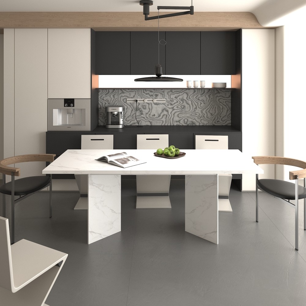 Extendable White Dining Table for 10 People Modern Faux Marble Rectangular Table