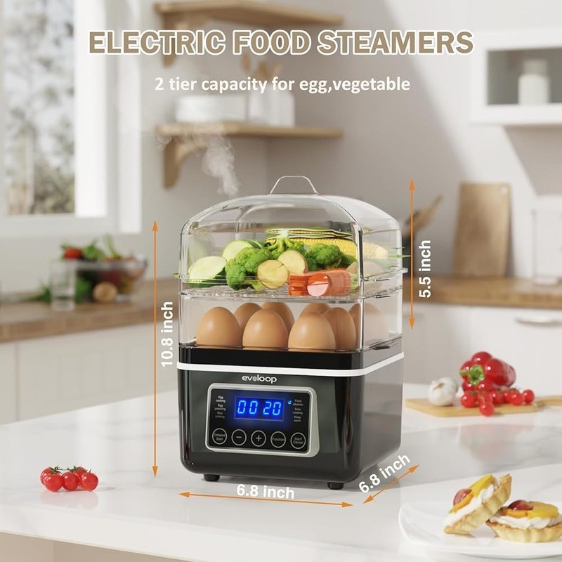 2 Tier Electric Vegetable Steamer W/ Timer Keep Warm Feature & Egg Cooker New