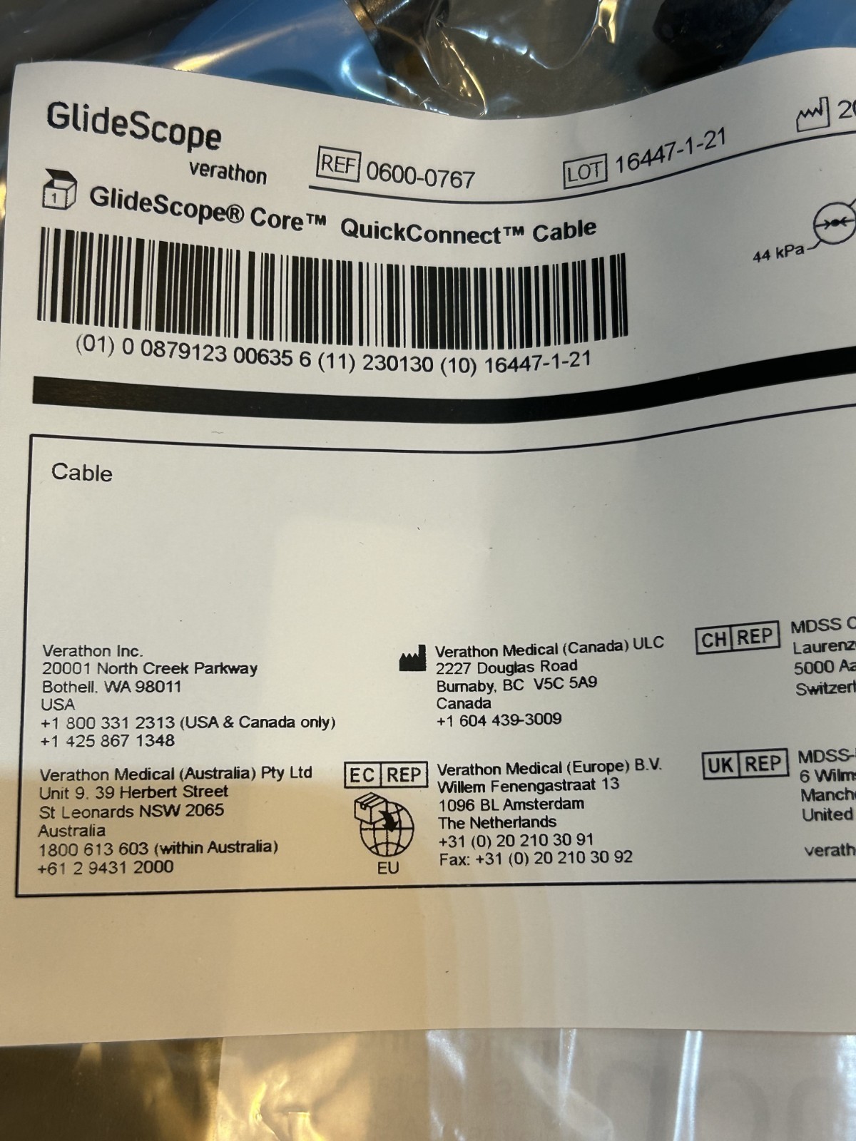 Verathon Glidescope CORE QuickConnect Cable MPN: 0600-0767 for Glidescope B-FLEX