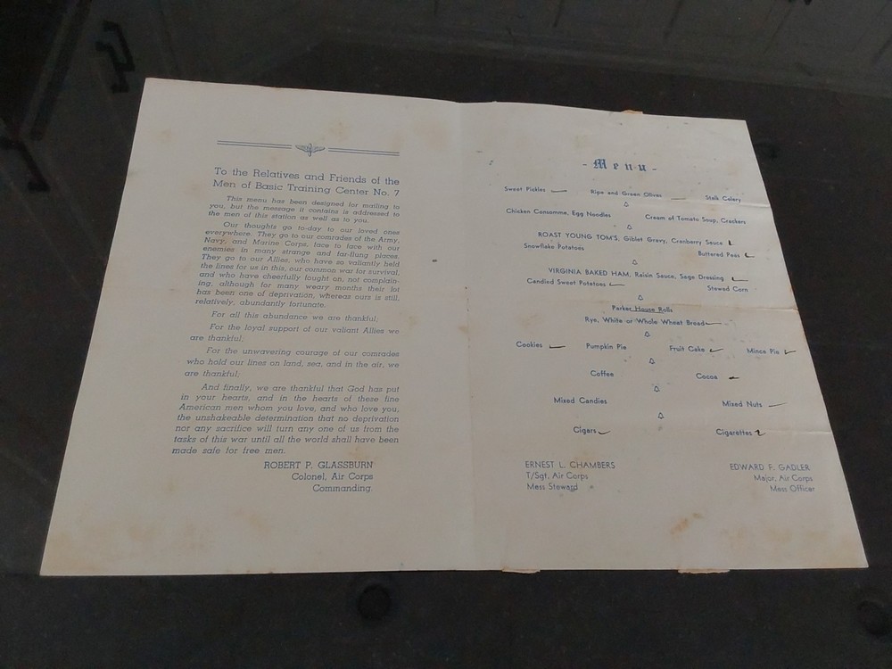 WWII 1942 Thanksgiving Menu Atlantic City NJ AAFTTC Basic Training Center