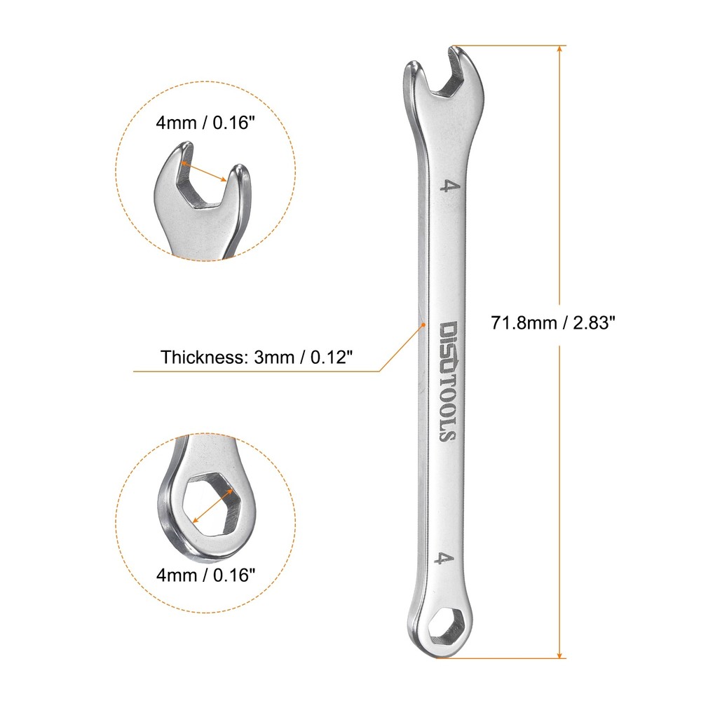 2pcs Thin Combination Wrench 4mm with 6-Point Ended 15°Angled Open End