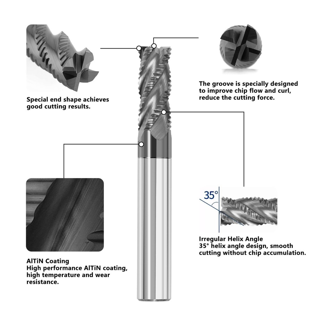 1/4" Solid Carbide Roughing End Mill 4 Flute Square Endmill Set CNC Milling B...