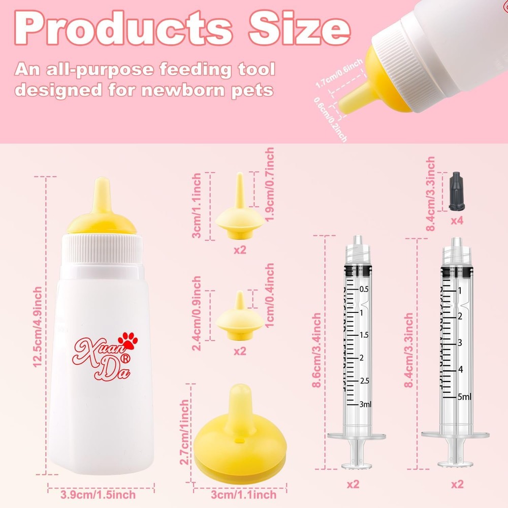 Kitten Bottle Feeding kit with Nipple and Syringe, Model 3, Yellow
