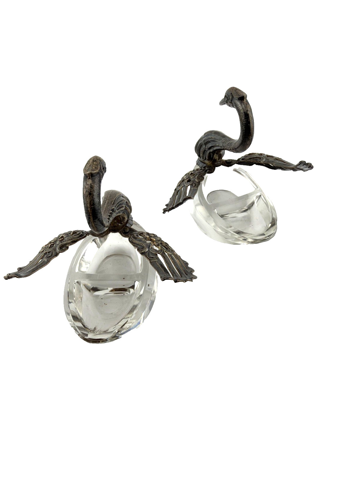 Pair Vintage Sterling Silver and Glass Table Salt Swans R Sterling West Germany