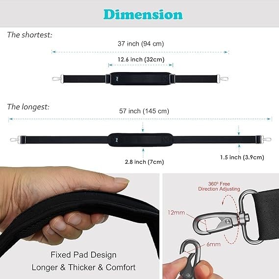 Padded Adjustable 57" Shoulder Strap Replacement for Bags with D-Ring (Black)