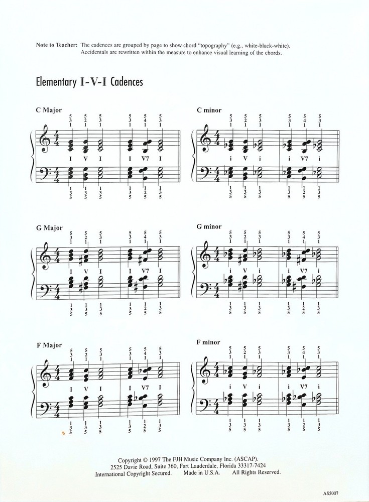 Elementary I-V-I Cadences - Achievement Skill Sheet No. 7