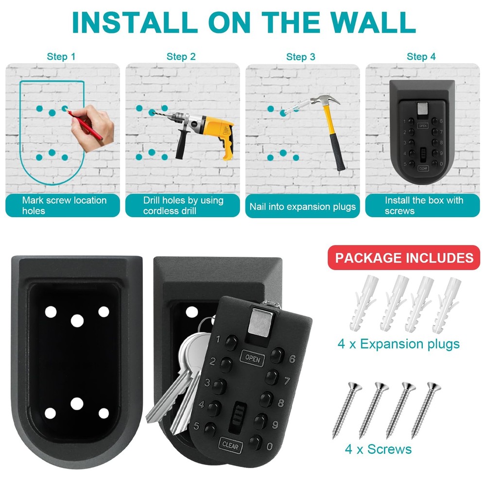 Key Lock Box for Outside, Wall Mount Combination Lockbox Outdoor Lock Box for...