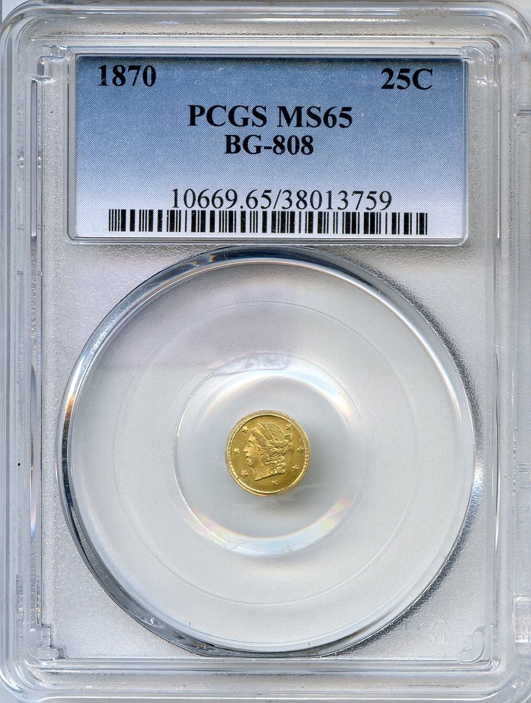 1870 1/4$ CALIFORNIA FRACTIONAL GOLD BG-808 / PCGS MS65 / FROSTED SURFACES