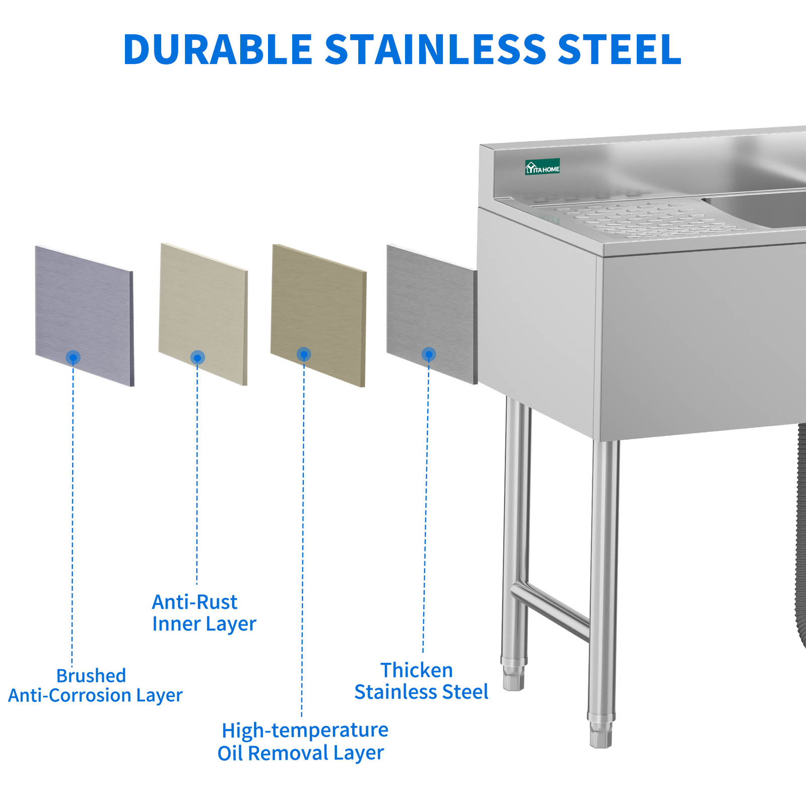 Freestanding Kitchen Sink 3 Compartment Stainless Steel Sink w/Double Drainboard