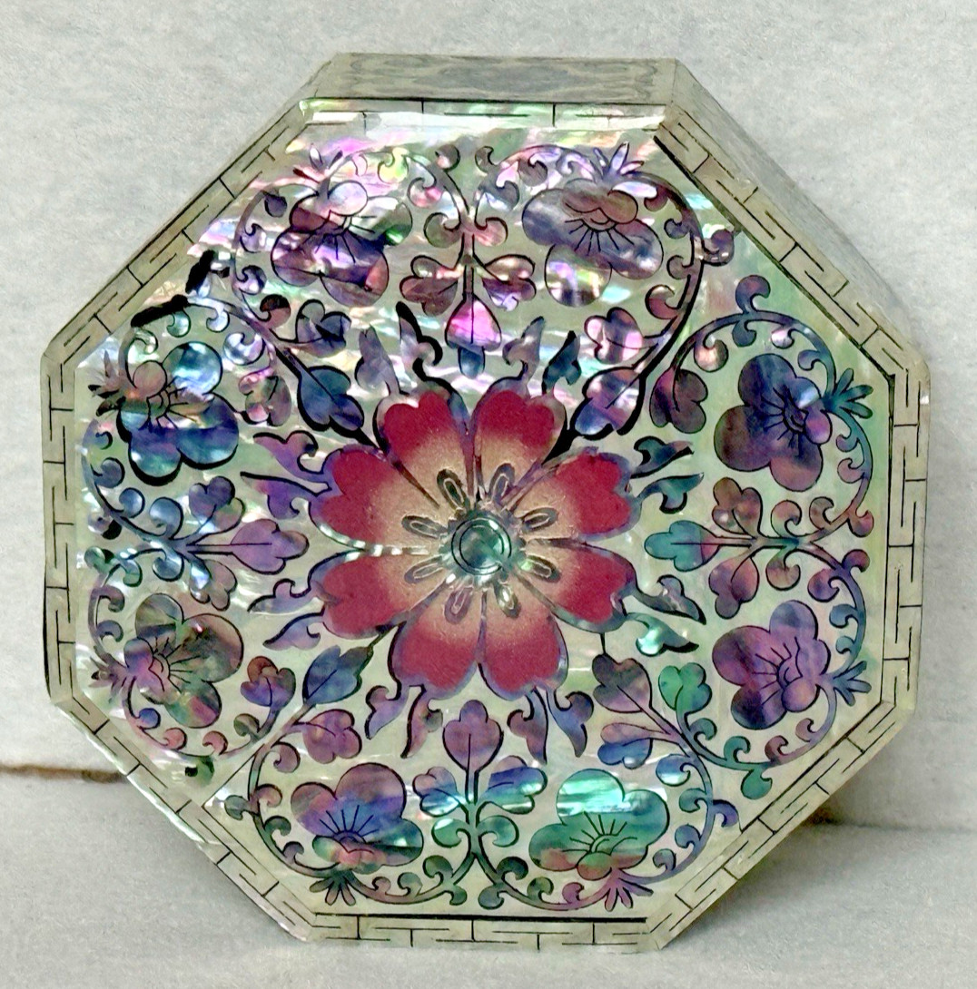 Floral ASIAN LACQUERED OCTAGON Trinket Jewelry BOX MOTHER OF PEARL INLAY