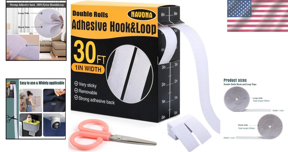 Self-Adhesive 30Ft Hook & Loop Tape Rolls - Multi-Surface Use for Home & Office