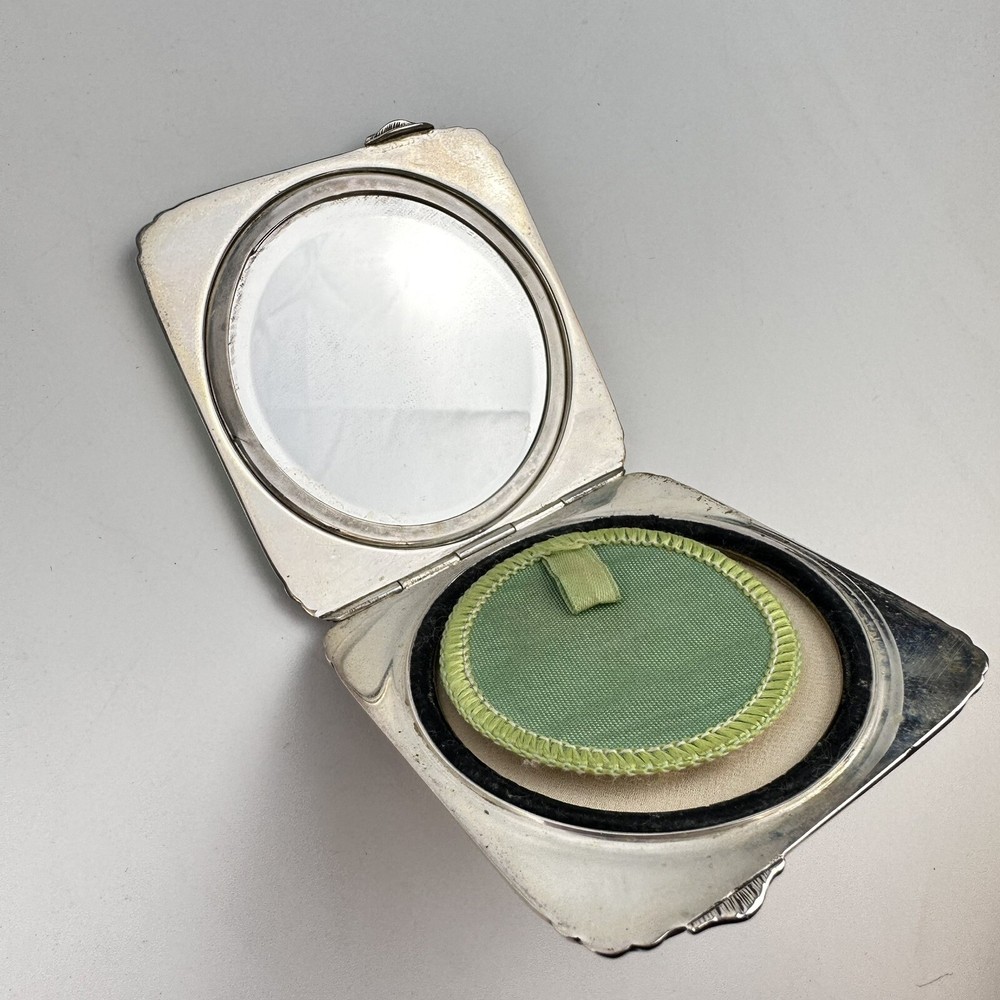 Boxed Antique Solid Silver Green Guilloche Enamel Cigarette Box & Compact Adie