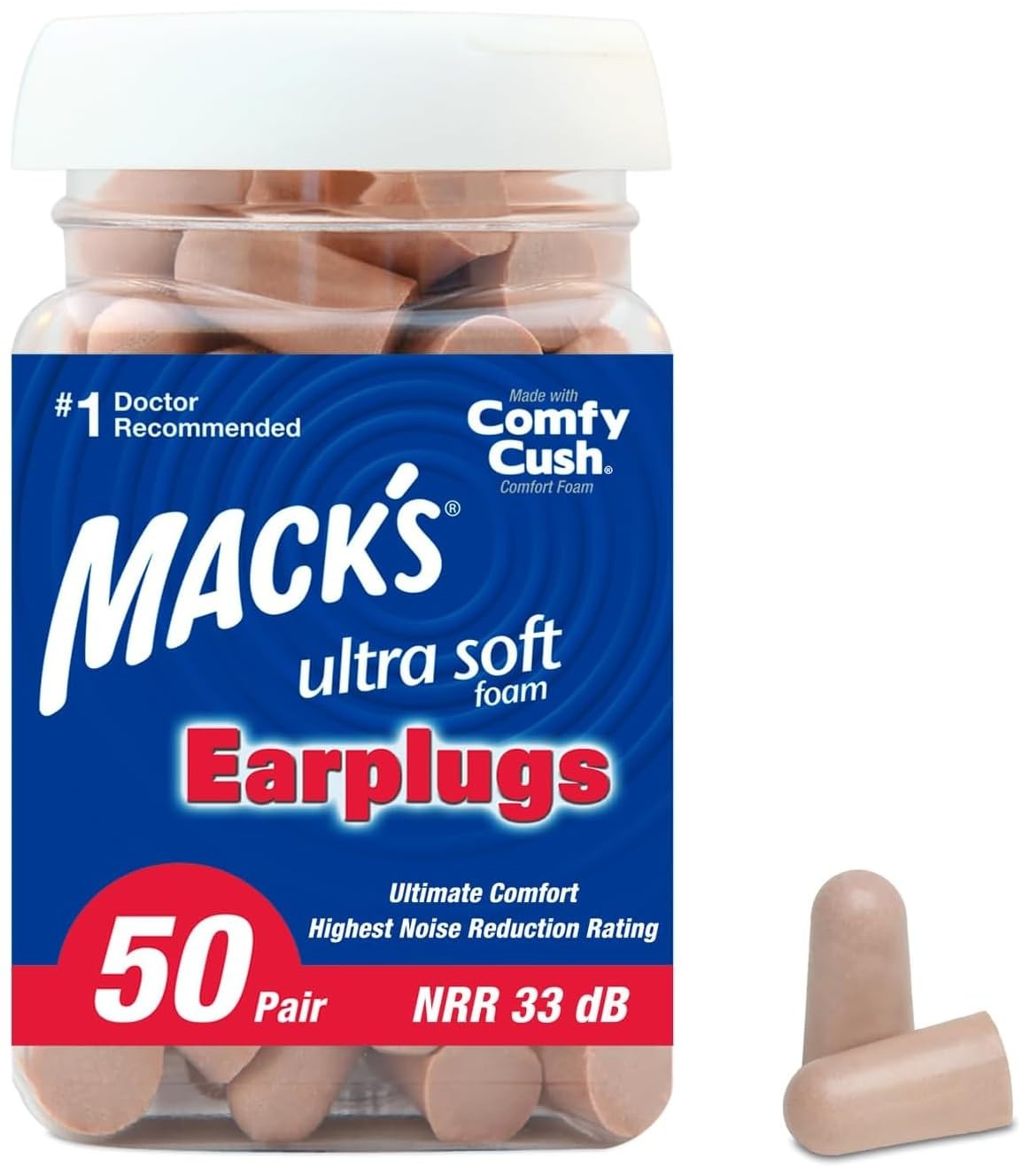 Mack's Ultra Soft Foam Earplugs, 50 Pair - 33dB 50 pair (Pack of 1), Beige